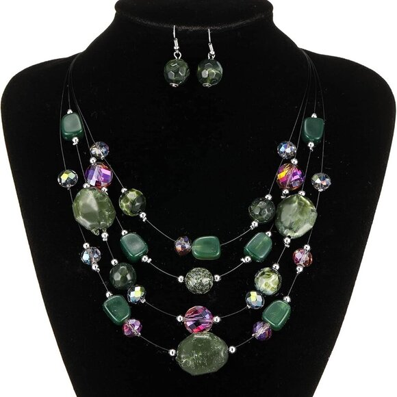 Layered Chunky Beaded Necklace for Women Colorful Multi-Layer Statement Necklace - Picture 4 of 6